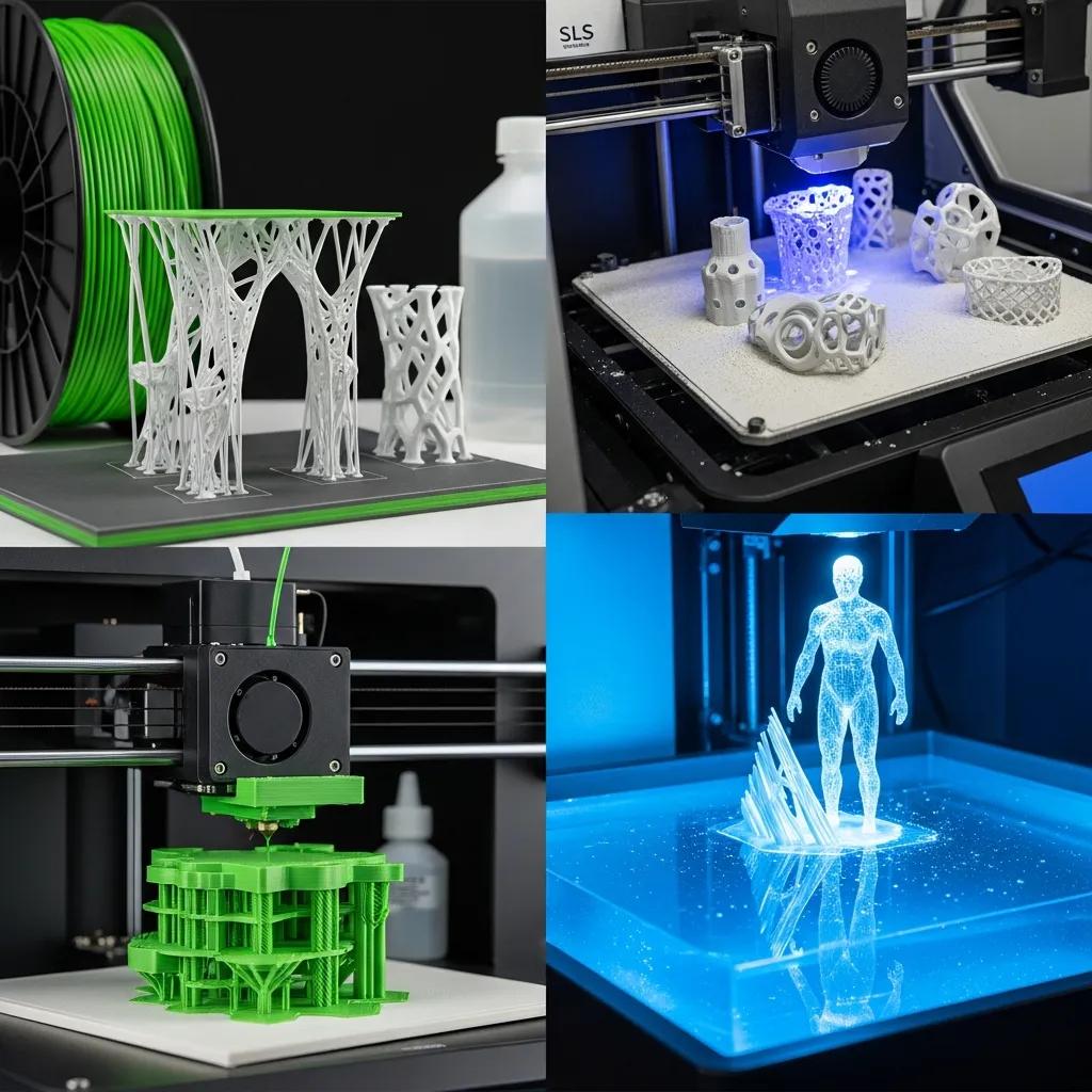 Array of 3D printing machines and sample prototypes on a production table