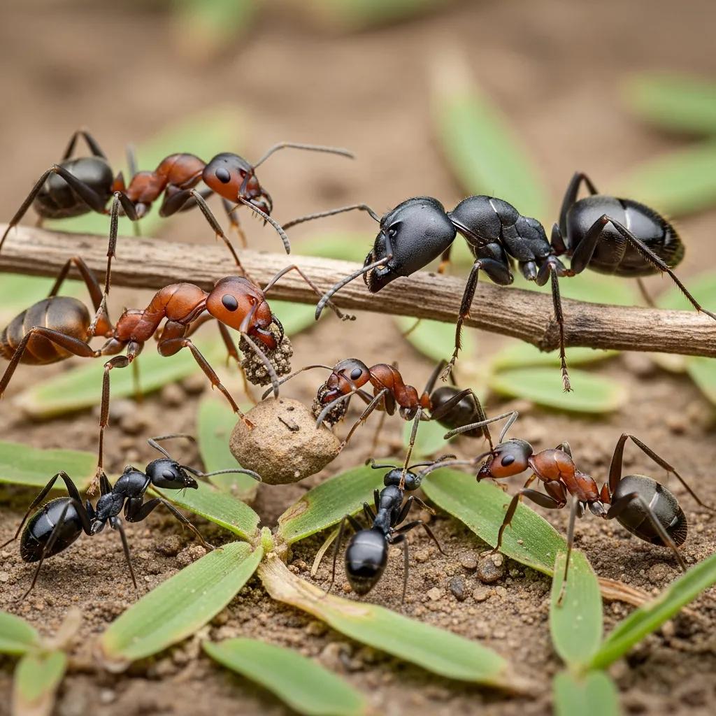 Several ant species on soil, showing differences in size and color