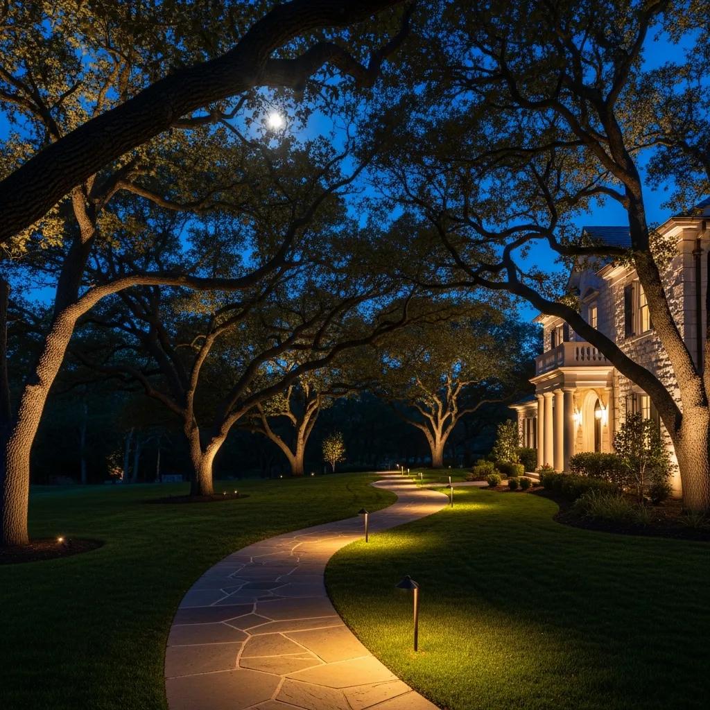Examples of layered, discreet outdoor lighting techniques in a landscaped setting