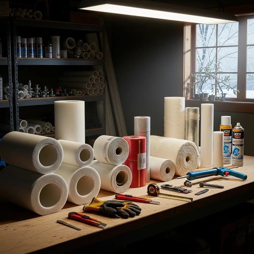 Different pipe insulation methods displayed in a workshop, emphasizing winter preparation