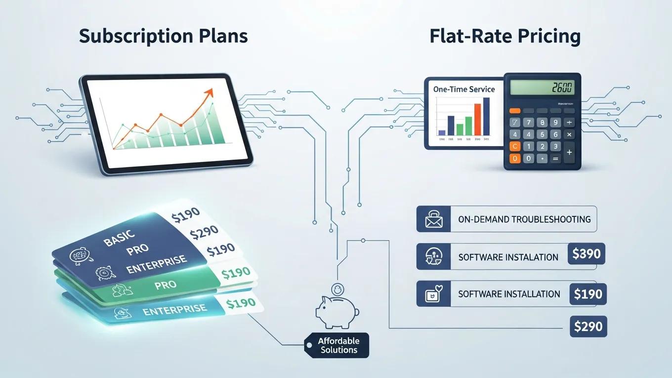 Different pricing models for affordable IT support services displayed with digital devices