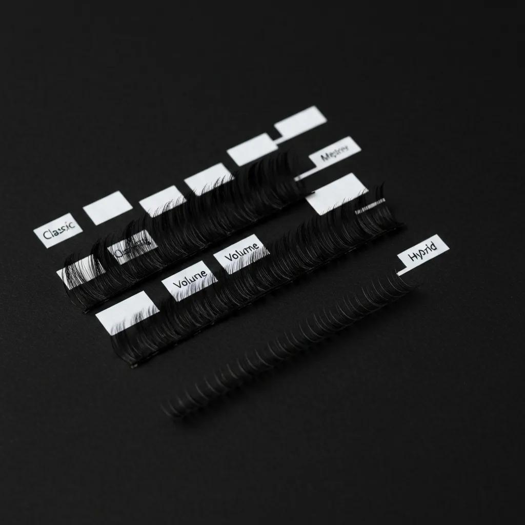 Examples of classic, volume, and hybrid eyelash extension styles arranged on a clean surface