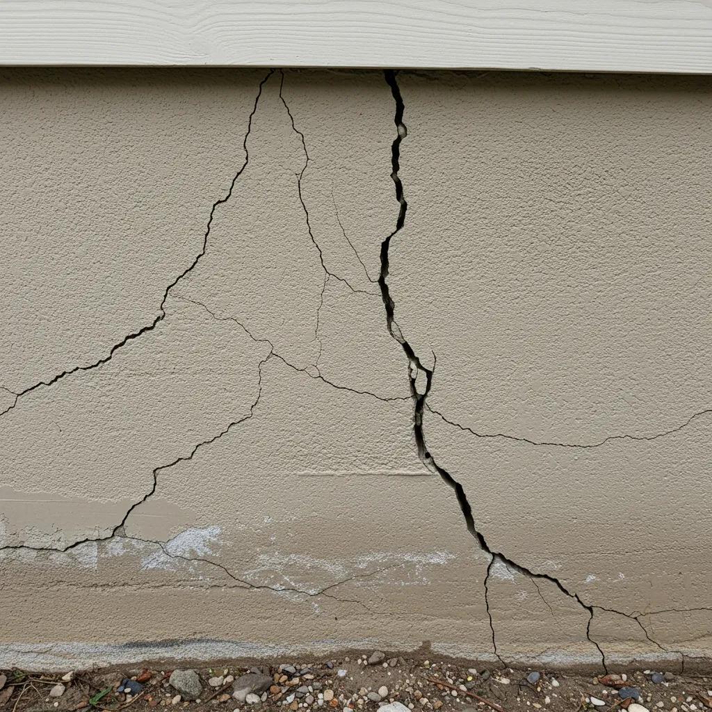 Different types of foundation cracks on a residential building, illustrating signs of foundation problems