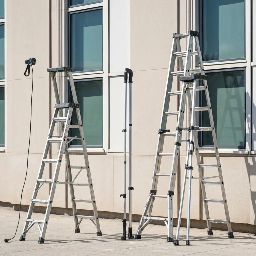Assortment of ladders showing safe choices for window cleaning jobs