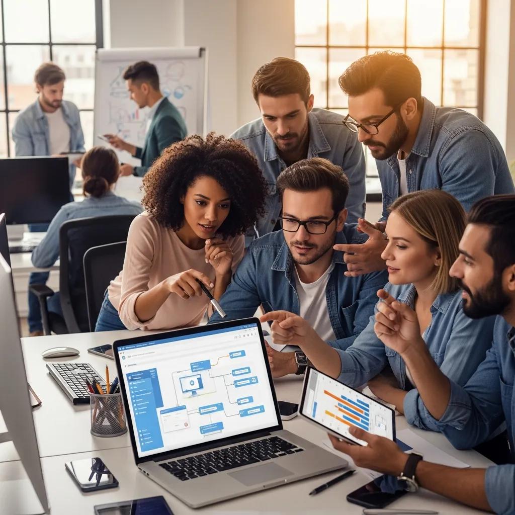 Digital agency team collaborating on client retention strategies using automation tools