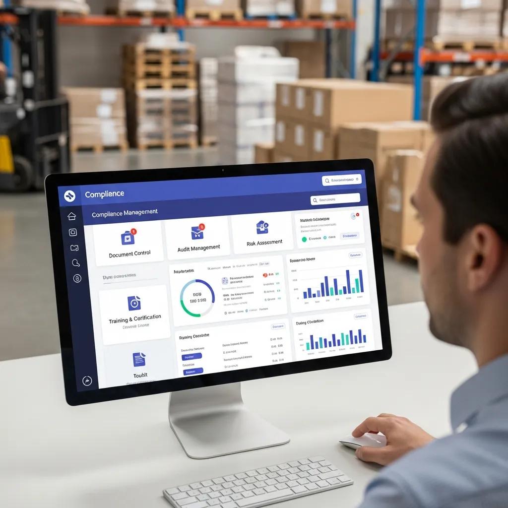 Warehouse compliance management software interface on a computer screen, displaying document control, audit management, and risk assessment features, with a user in a warehouse setting.