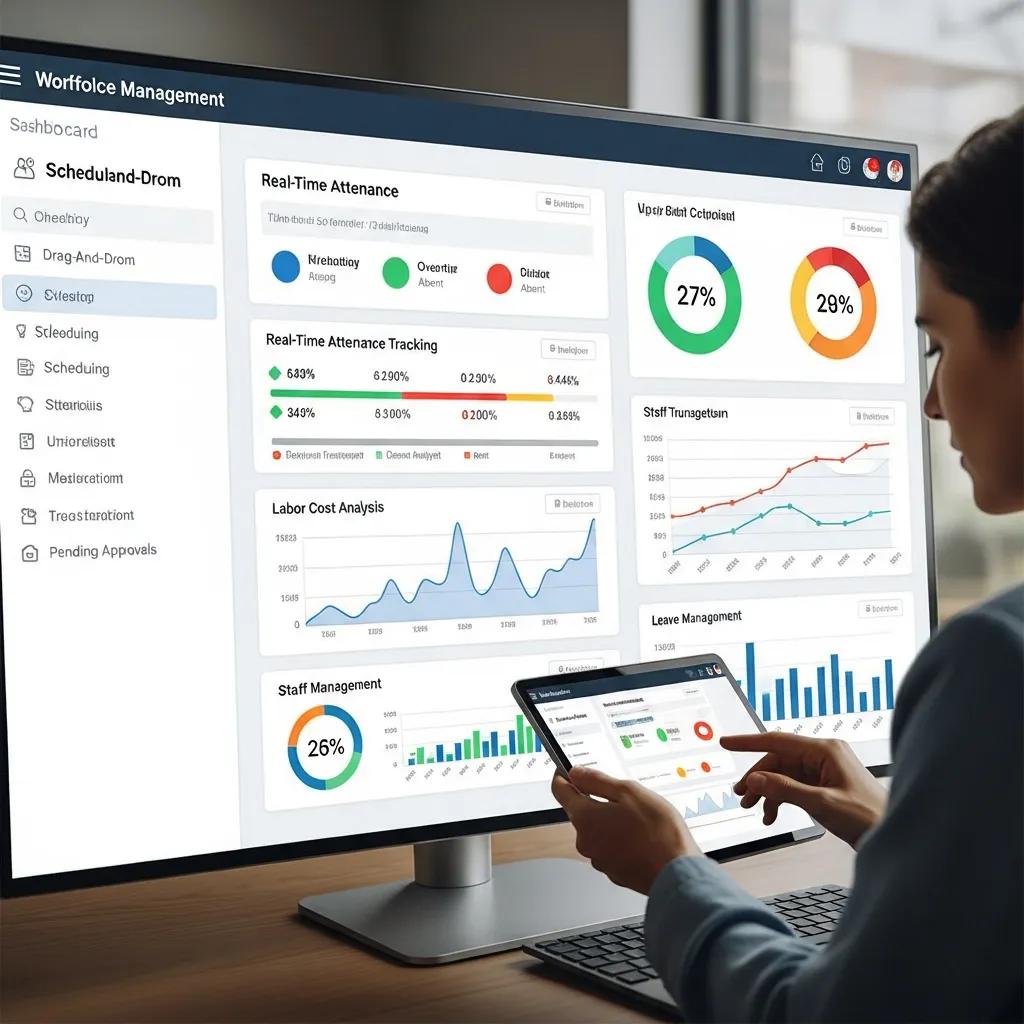 Workforce management dashboard showing schedules and attendance metrics