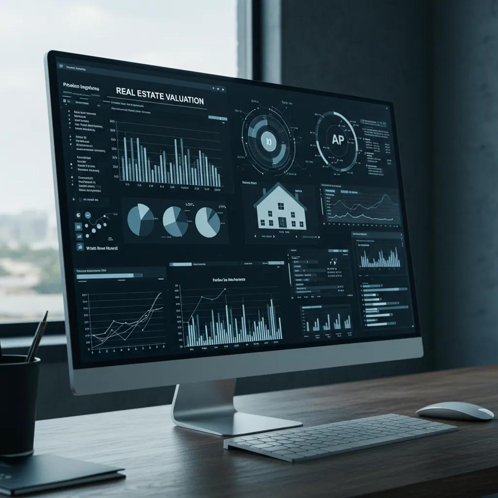 A digital interface displaying AI-driven property valuation metrics and analytics for real estate