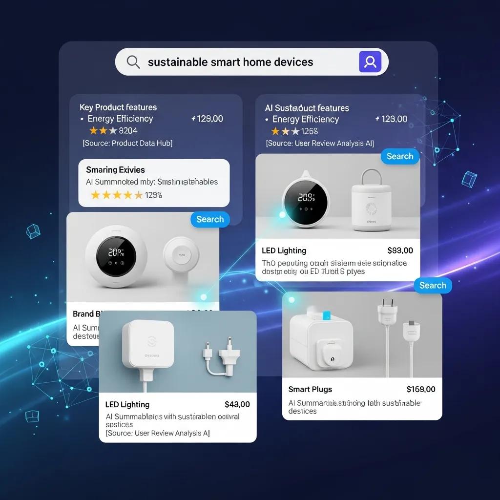 Dashboard illustrating AI-powered search workflows and product listings