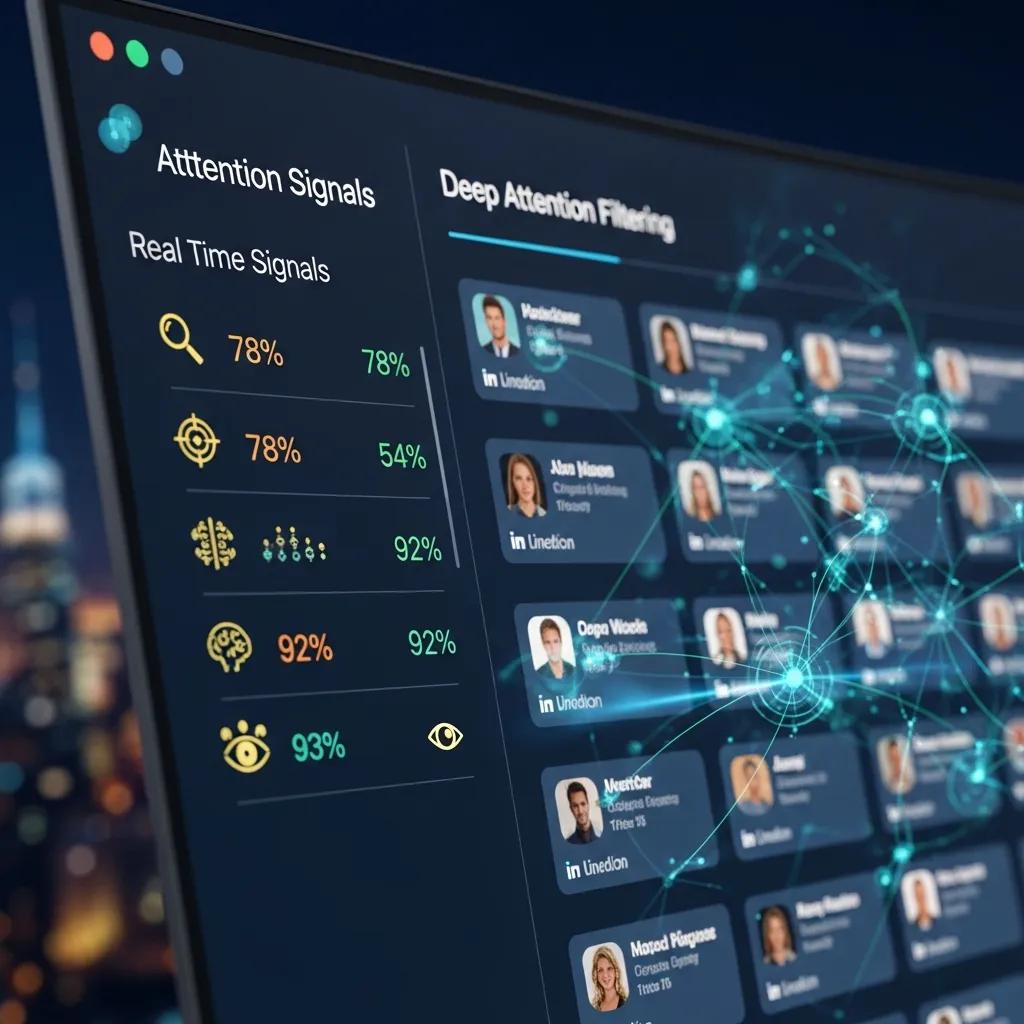 Interface mock showing Deep Attention Filtering for personalised LinkedIn outreach