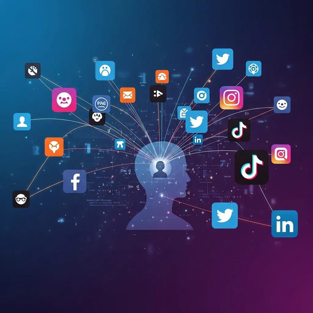 Illustration of social media icons connected across a digital landscape to represent data collection risks