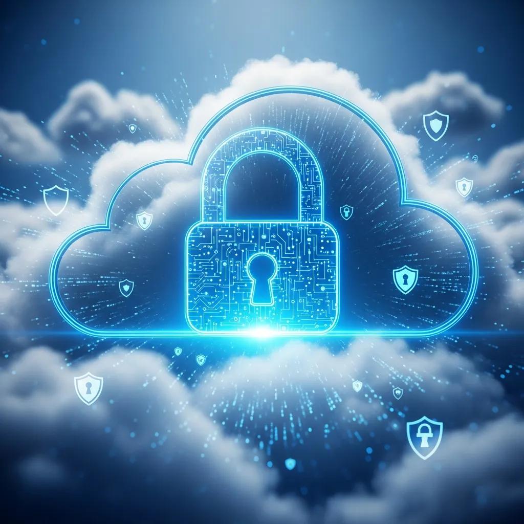 Digital lock symbol over a cloud background representing cloud migration security best practices Digital lock symbol over a cloud background representing cloud migration security best practices