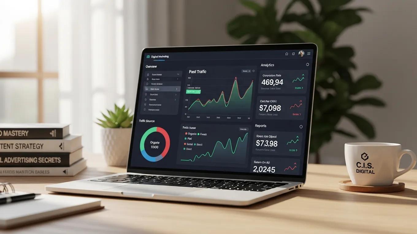 Digital marketing dashboard displaying analytics and performance metrics, symbolizing a data-driven approach