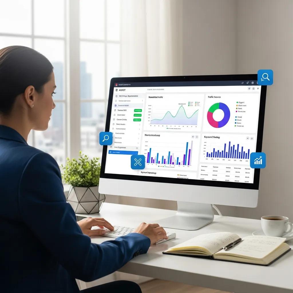 Marketing specialist conducting a website audit on a laptop, focusing on conversion improvements