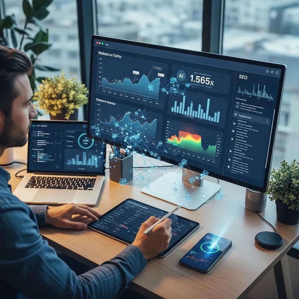 Marketer reviewing website analytics with AI recommendations and SEO metrics visible