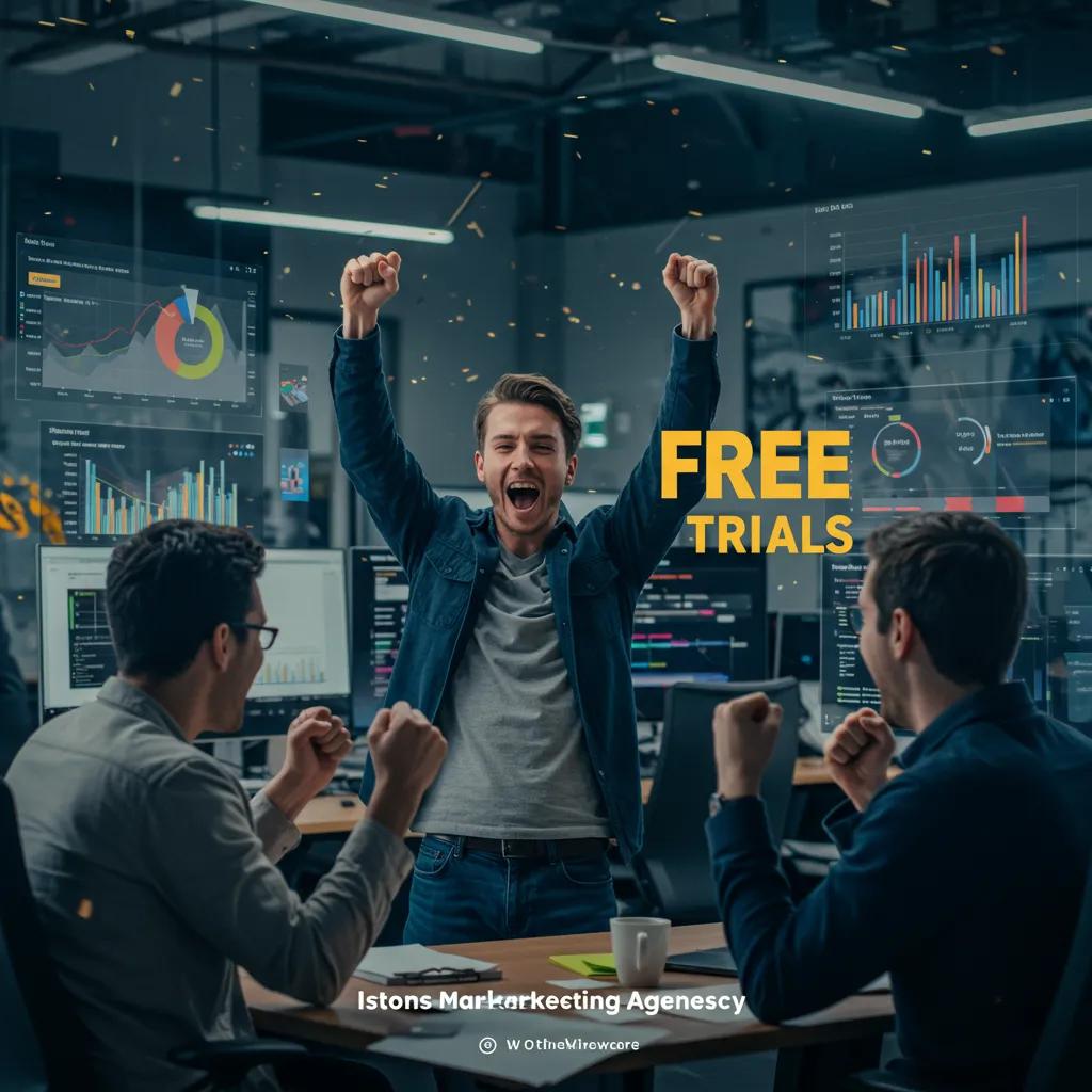 Digital marketing team celebrating success with analytics on screens