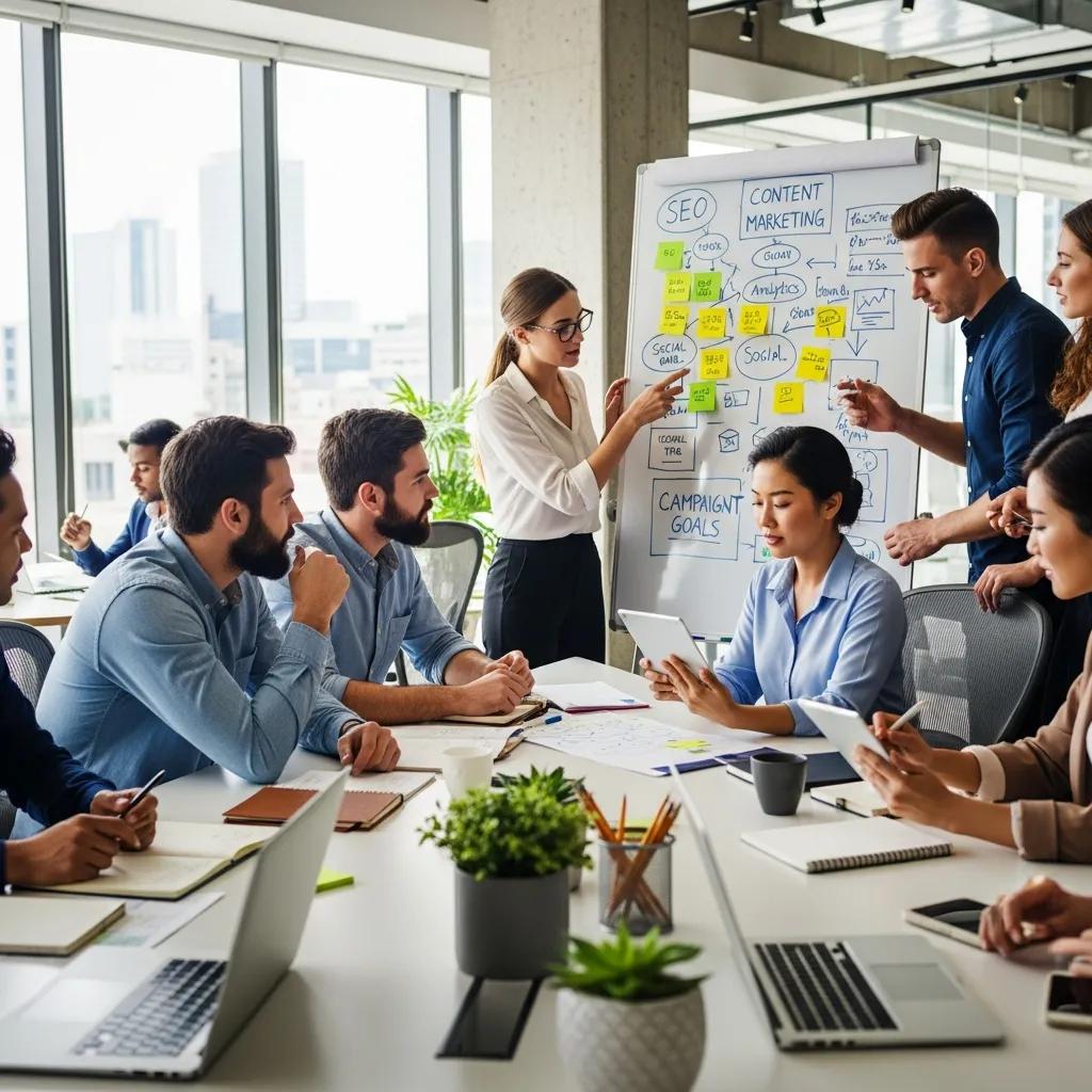 Digital marketing team collaborating on HighLevel functionalities in a modern office setting