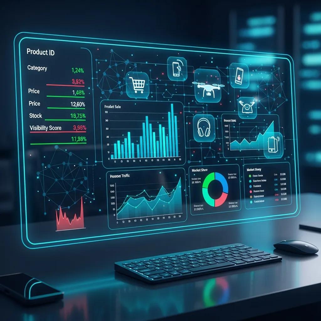 Digital representation of AI algorithms analyzing product data for enhanced visibility on e-commerce platforms