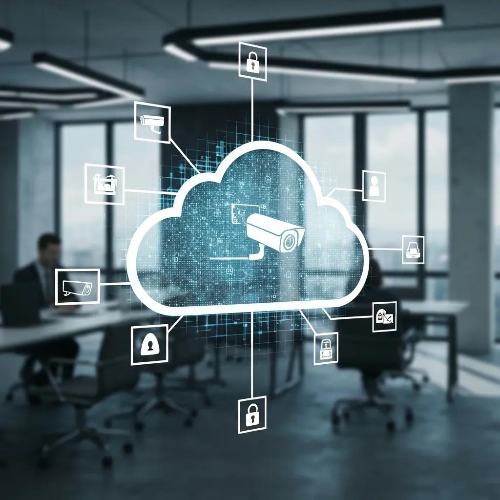 Digital representation of cloud-based security systems with connected security icons
