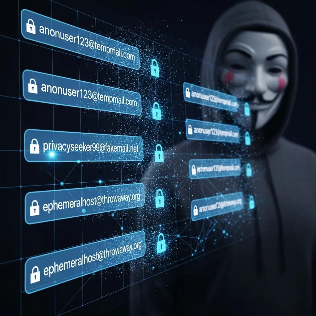 Digital representation of disposable email addresses being created, emphasizing online anonymity and privacy