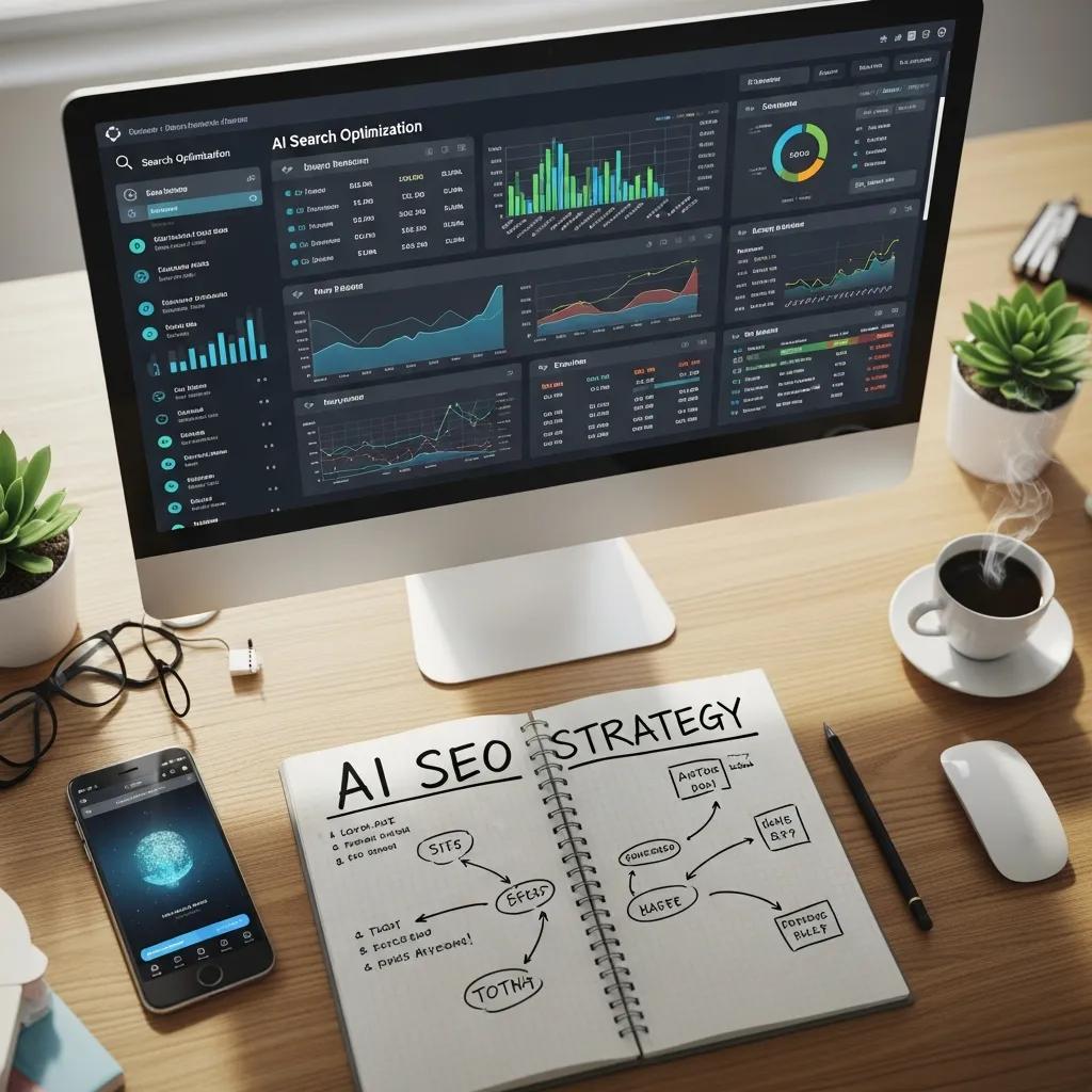 Digital tools for AI Search Optimization displayed on a desk representing the future of search