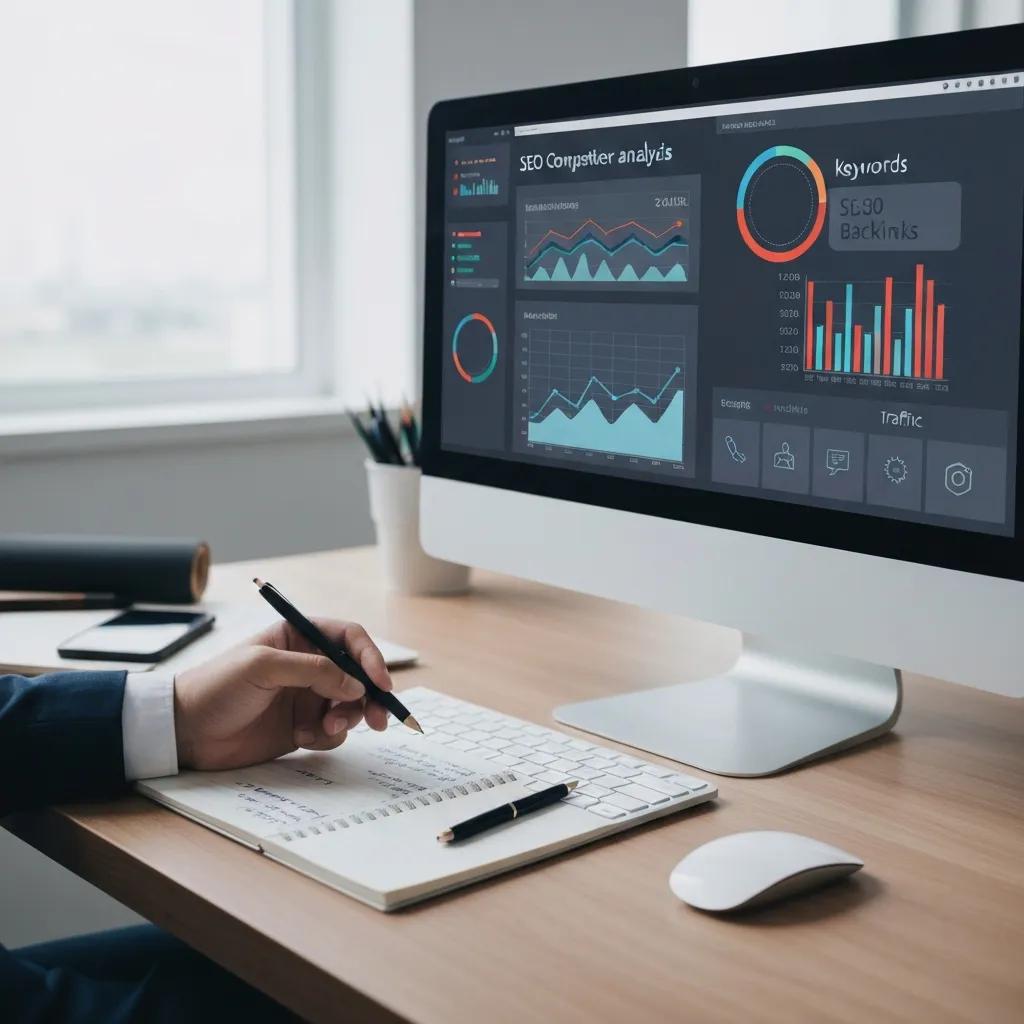 Digital workspace showcasing SEO competitor analysis metrics and insights