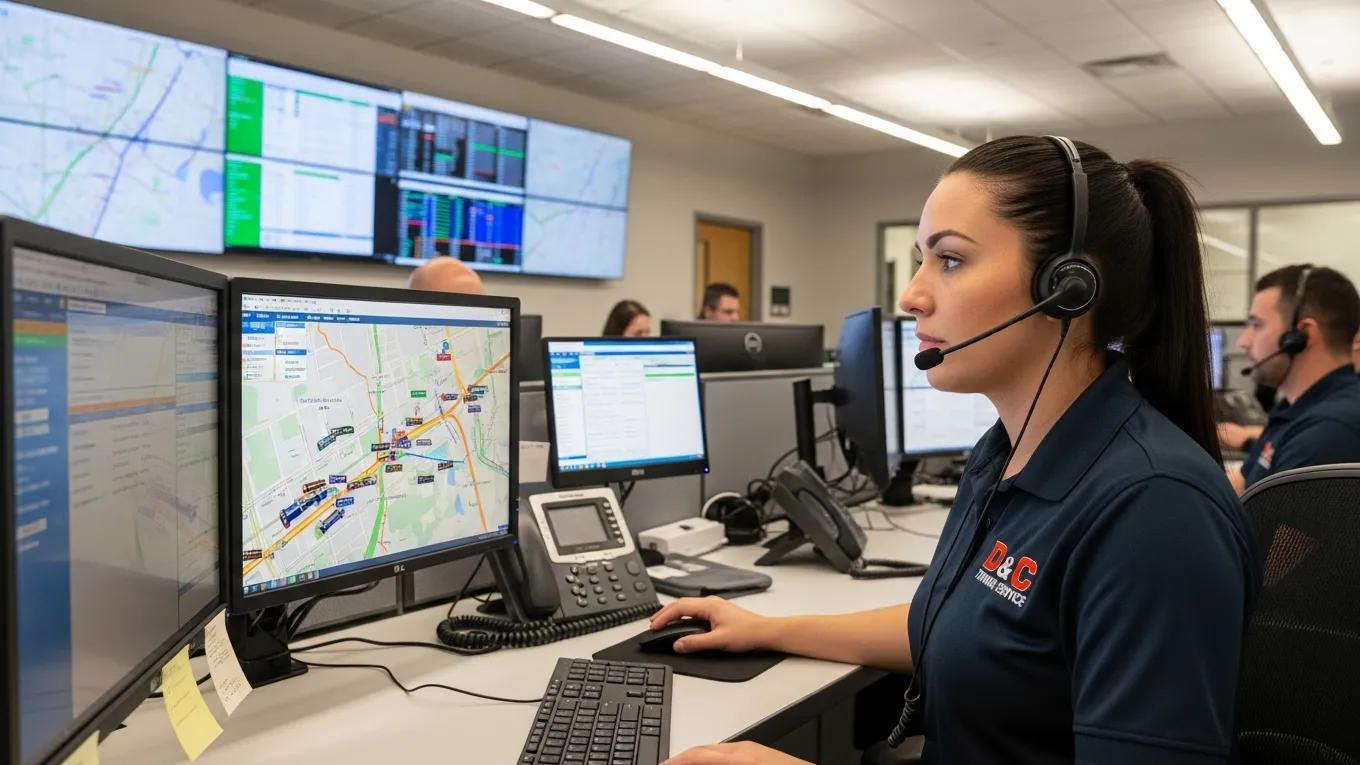 Dispatcher coordinating emergency towing services with advanced technology