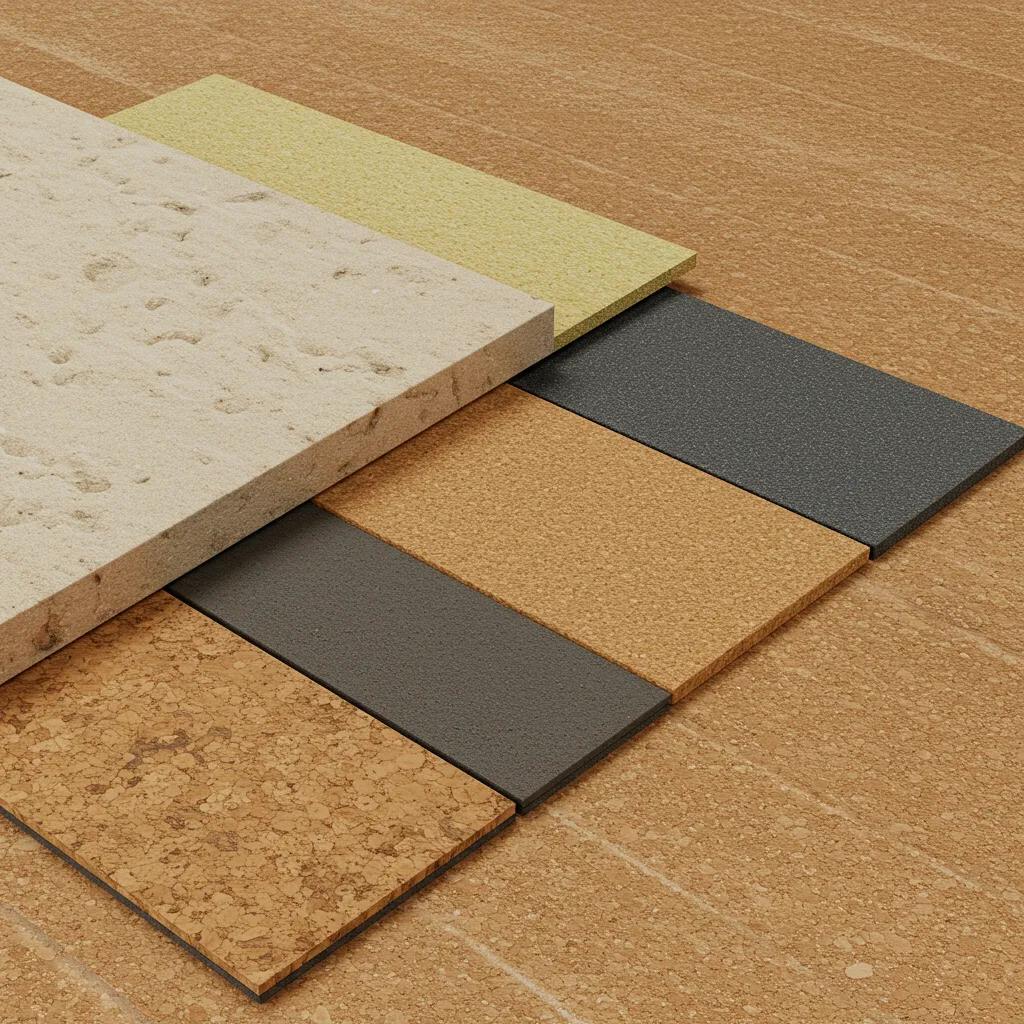 Display of different underlayment materials like foam, cork, and rubber, emphasizing their role in enhancing flooring energy efficiency