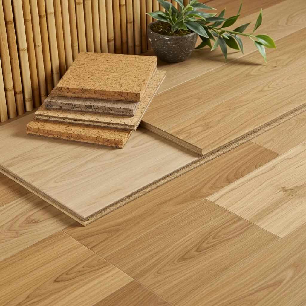 Display of eco-friendly light flooring materials including bamboo and cork in a natural setting