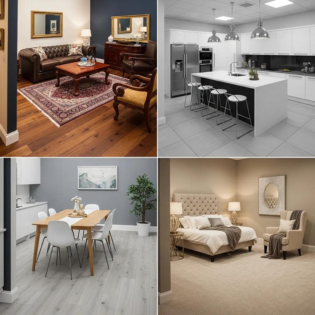 Selection of flooring types matched with complementary furniture looks