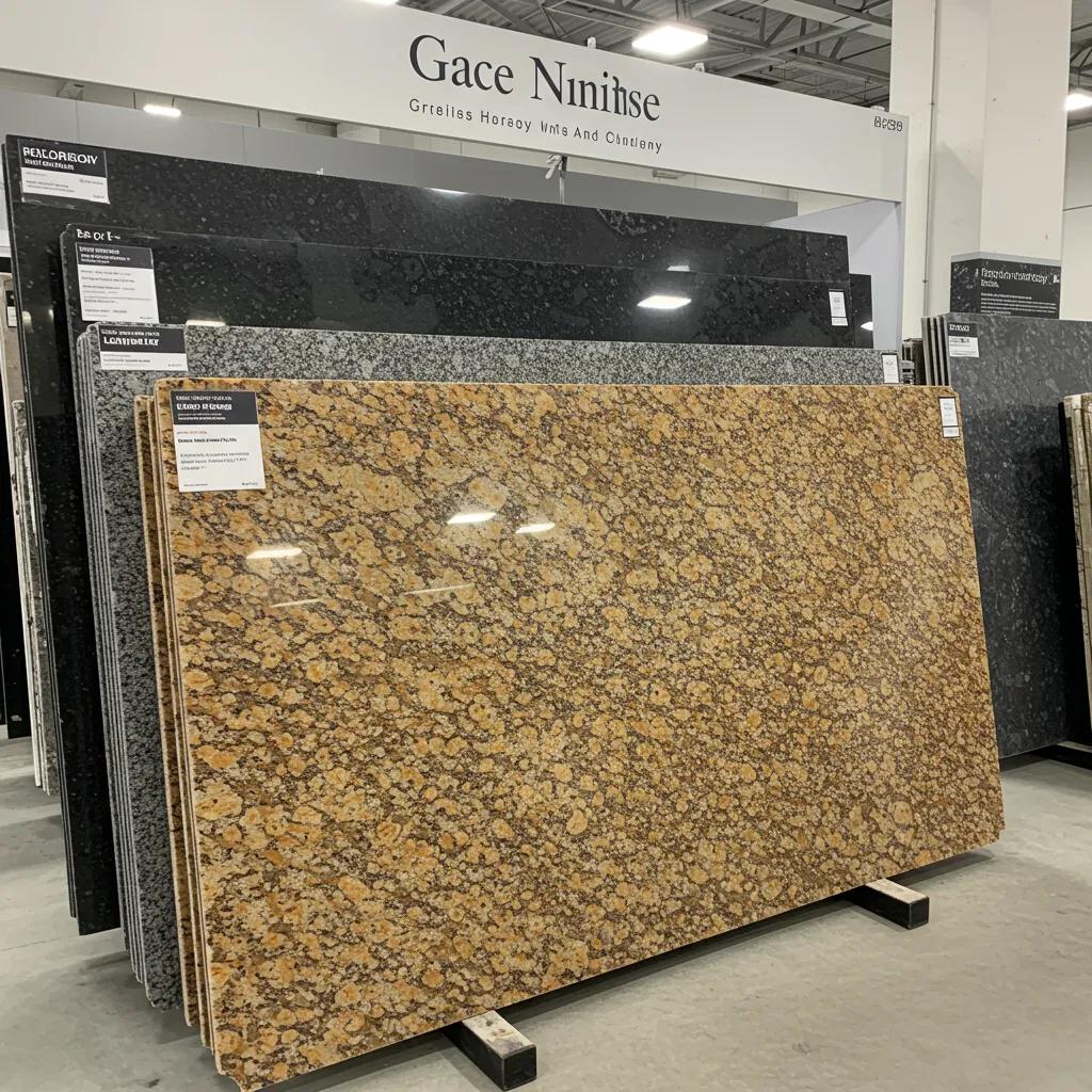 Display of granite slabs with polished, honed, and leathered finishes