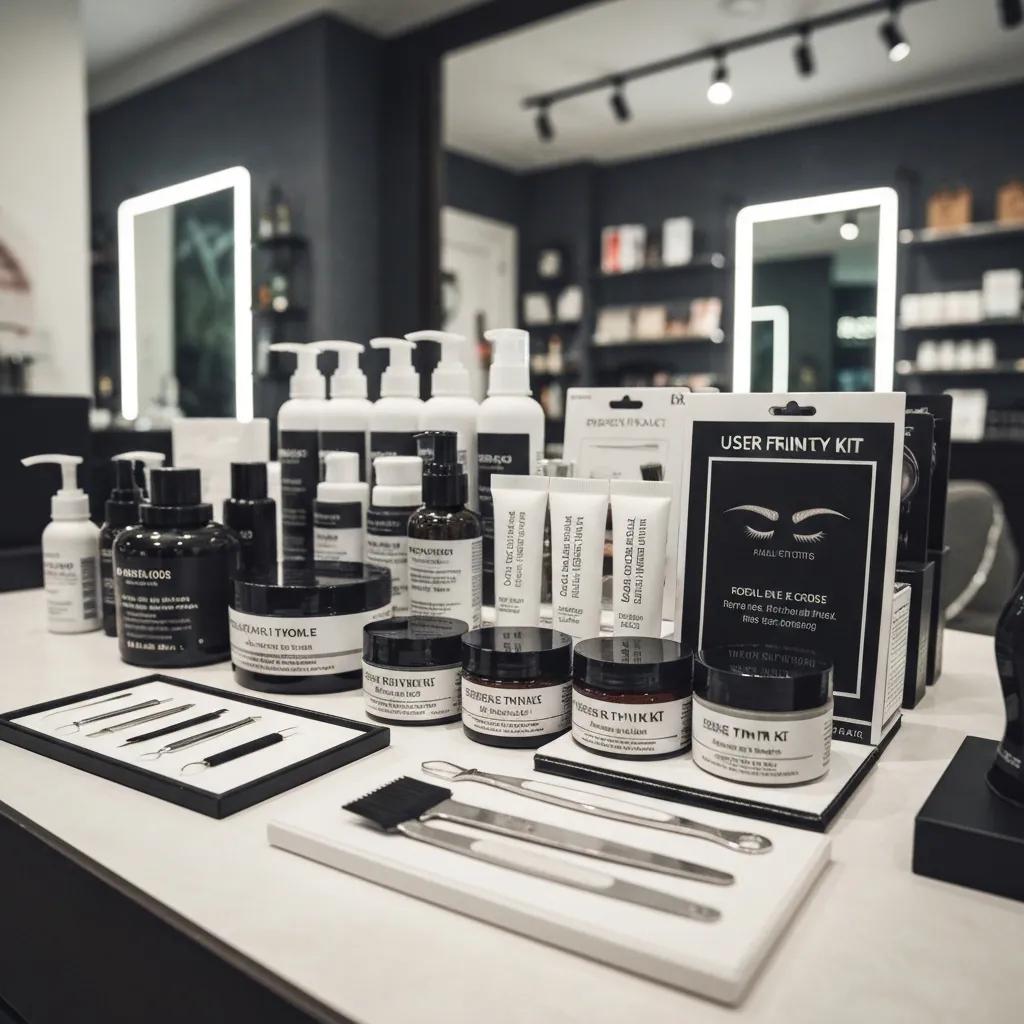 Display of male grooming products and tools in a modern salon, emphasizing complementary services to eyebrow threading