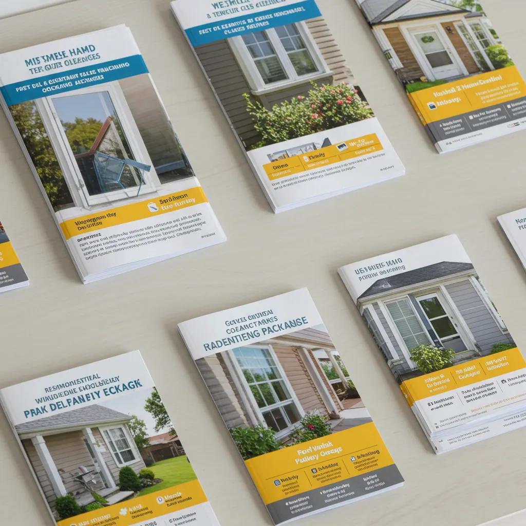 Display of residential window cleaning packages with brochures and images of clean windows, emphasizing service options
