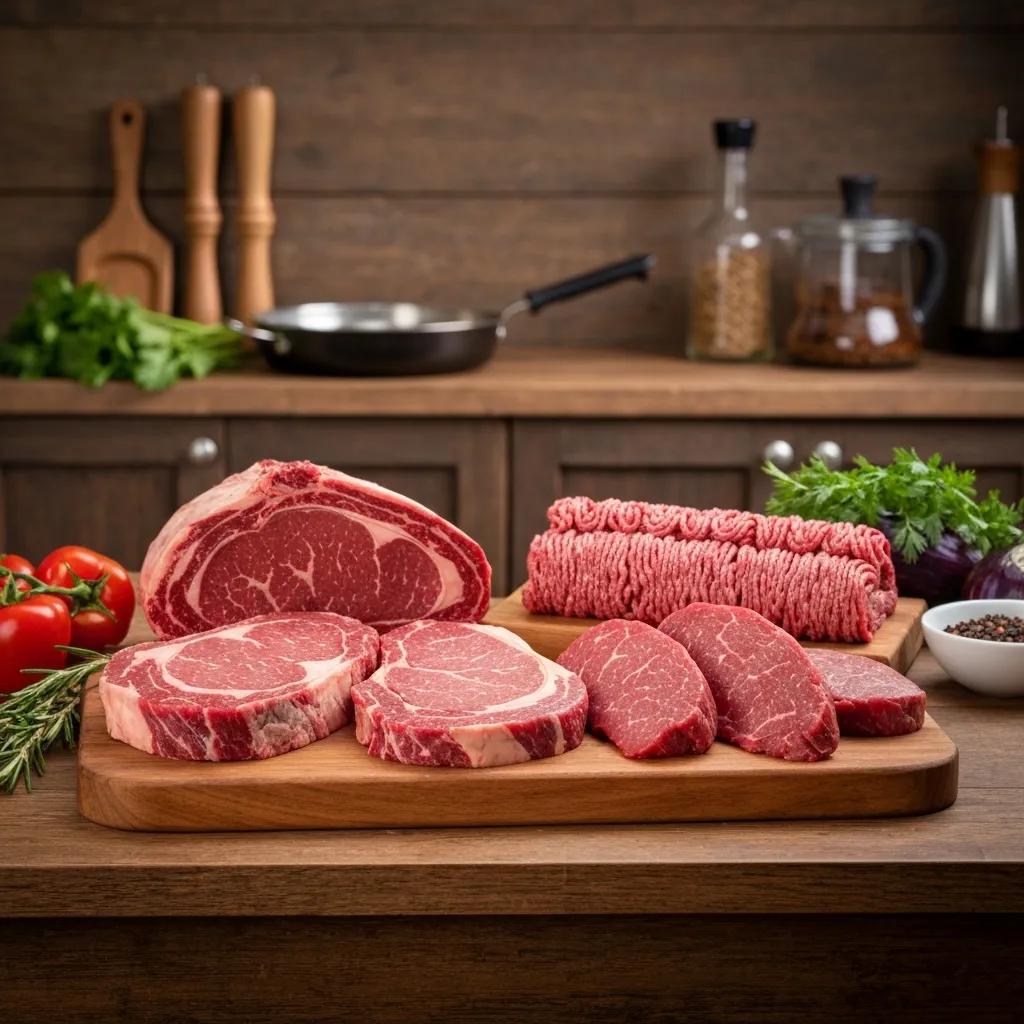 Selection of beef cuts from a half‑cow package laid out on a wooden board