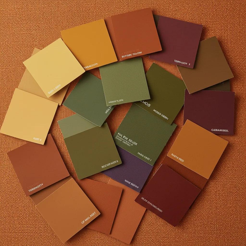 Display of warm fall color swatches for 2025, including buttery yellow, terracotta, and moss green