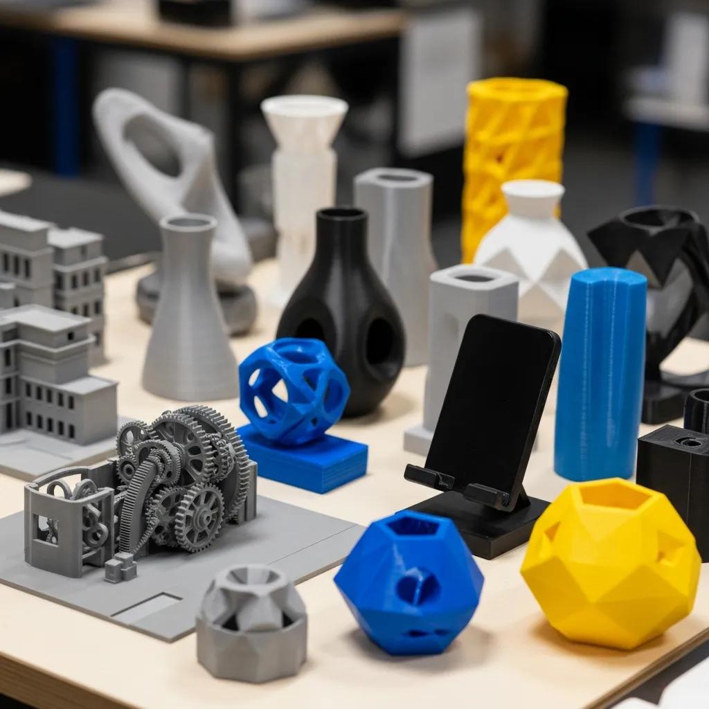 Diverse 3D printed prototypes demonstrating design flexibility and innovation