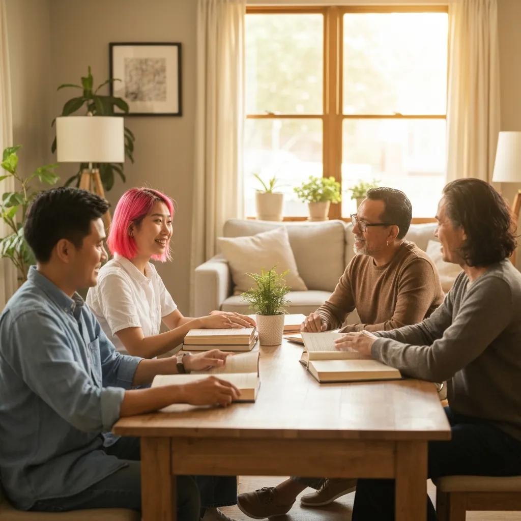 Diverse adults in a supportive group setting, connecting to work through social anxiety Diverse adults in a supportive group setting, connecting to work through social anxiety