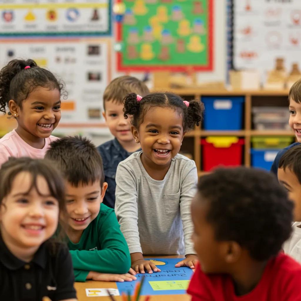 Diverse children engaging in a classroom activity promoting empathy and inclusion