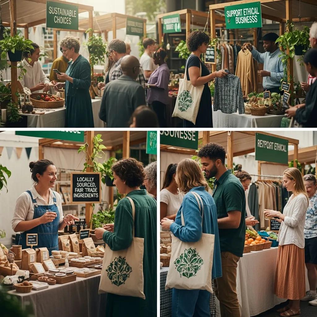 Diverse consumers engaging with vendors while shopping for eco-friendly products in a market