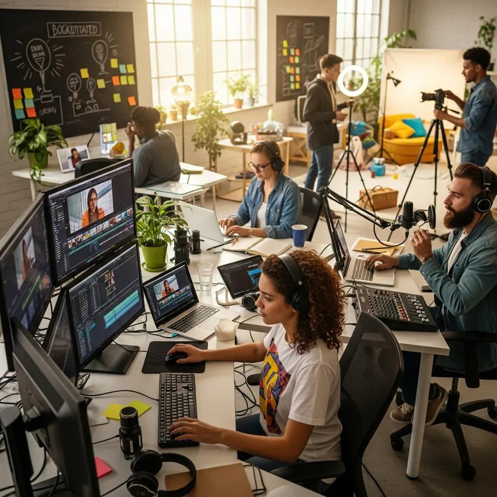 Diverse content creators collaborating on digital media projects