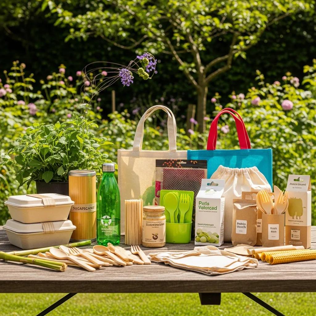 A natural display of eco-friendly plastic alternatives—bioplastics, seaweed polymers, mycelium and reusable materials—styled on a beach backdrop