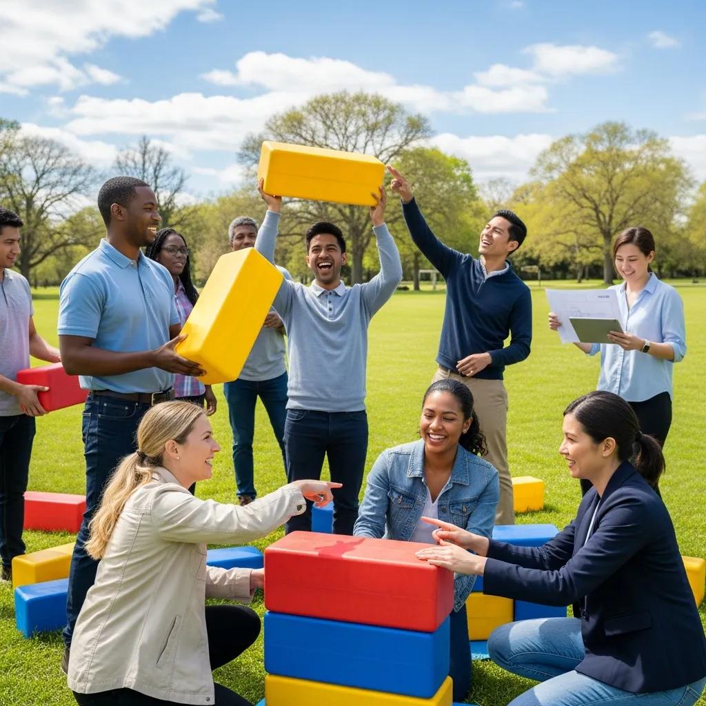Diverse employees engaged in a collaborative outdoor team-building activity, emphasizing teamwork and communication Diverse employees engaged in a collaborative outdoor team-building activity, emphasizing teamwork and communication