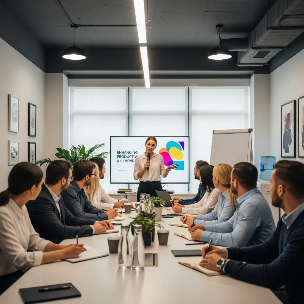 Diverse employees engaged in a training session, highlighting the impact of training on productivity and revenue Diverse employees engaged in a training session, highlighting the impact of training on productivity and revenue