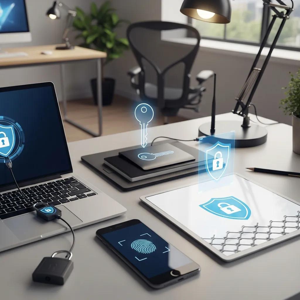 Multiple devices — laptop, tablet, phone — representing secured endpoints across locations Multiple devices — laptop, tablet, phone — representing secured endpoints across locations