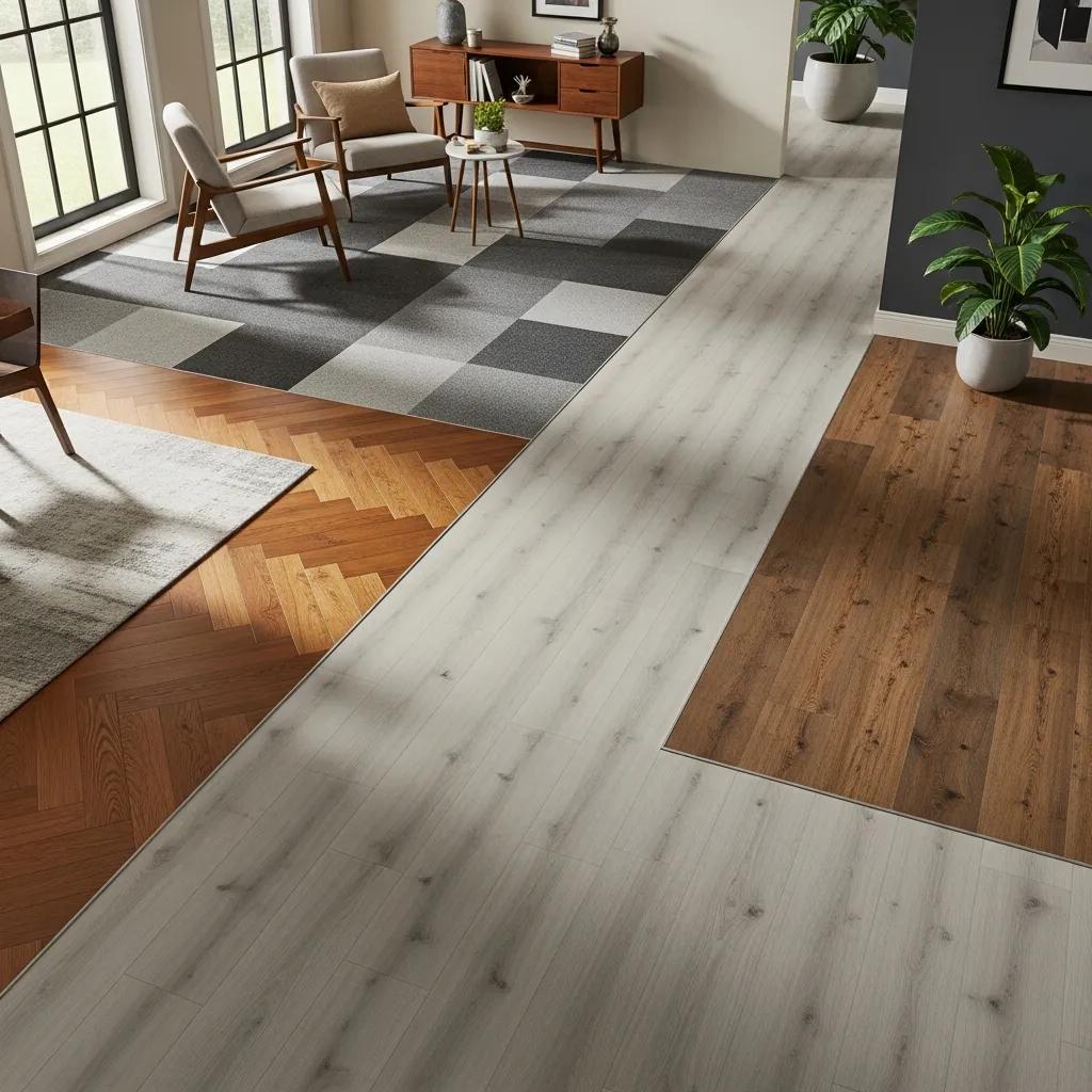 Assorted flooring samples displayed in a contemporary home setting, showing colour and texture variety