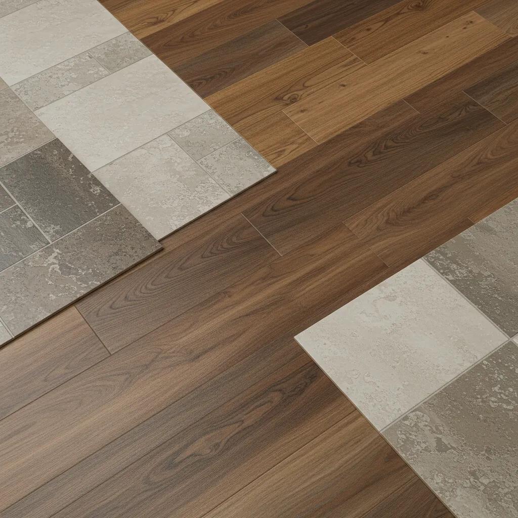 Various durable flooring types in a contemporary interior, highlighting both style and resilience