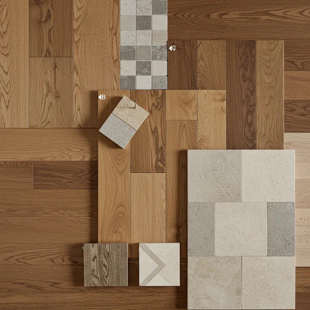 Diverse flooring materials including hardwood, tile, and bamboo in a modern interior setting