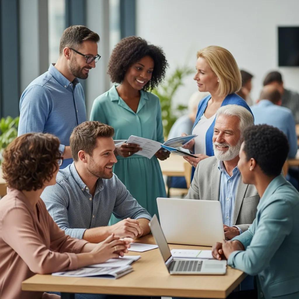 Diverse group discussing health insurance options, emphasizing community support and engagement
