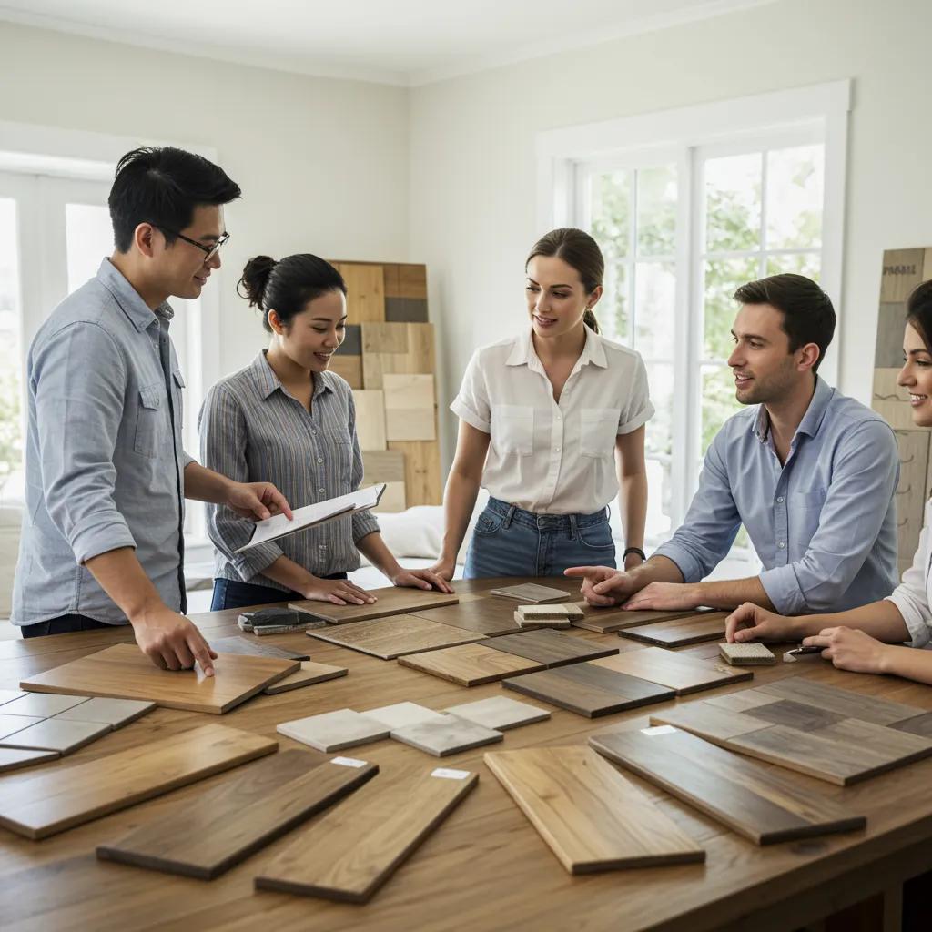 Homeowners comparing flooring samples and installation options in a modern living space