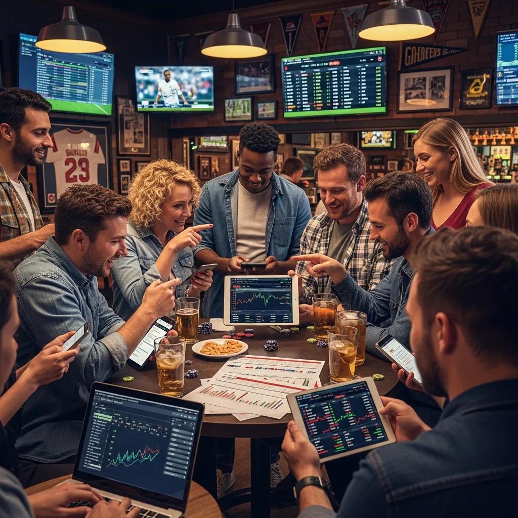 People using mobile devices to make sports predictions, surrounded by team memorabilia and live scores